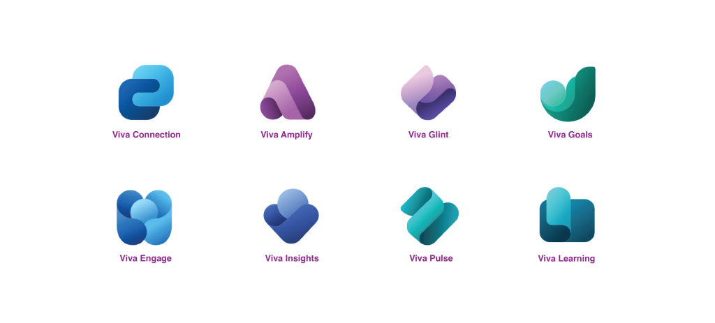 Les applications Microsoft Viva pour élever l’expérience employé à tous les niveaux. Logo Viva Connections, Logo Viva Engage, Logo Viva Amplify, Logo Viva Learning, Logo Viva Insight, Glint et Pulse, Logo Viva Goals